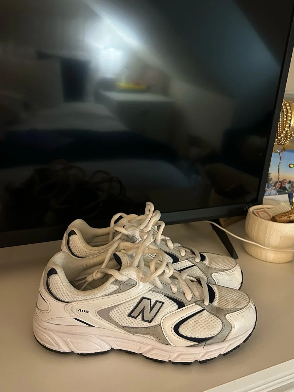 New Balance White & Navy Athletic Sneakers
